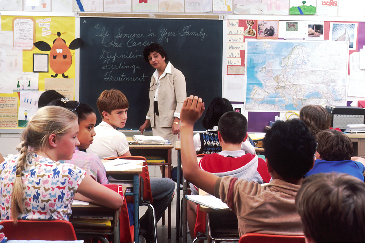 Stock photograph of children participating in a classroom discussion