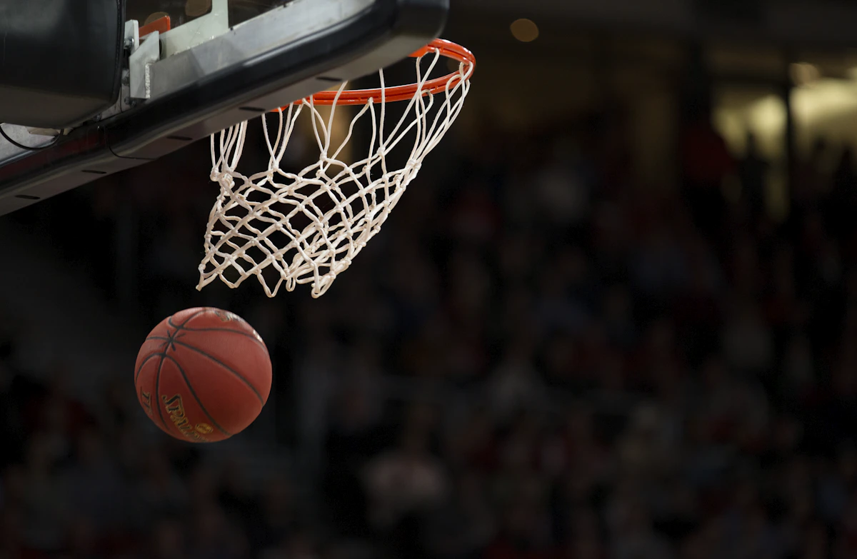 Illustrative photograph of a basketball hoop and ball